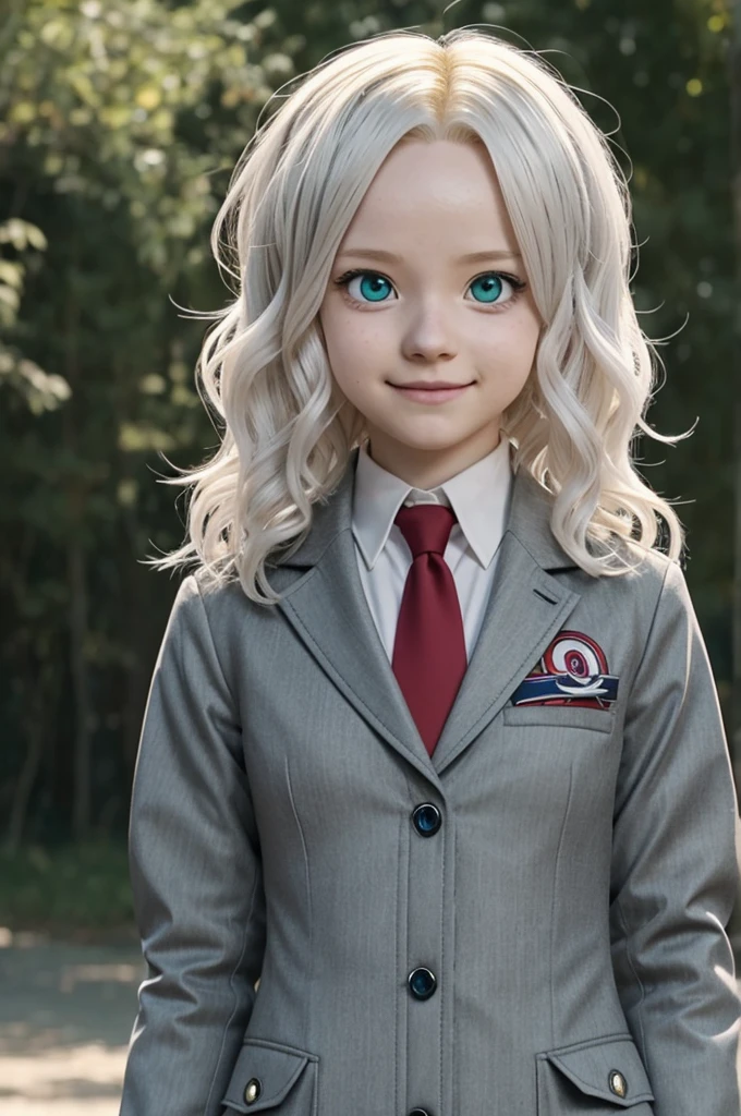 An anime style screenshot of the universe of "Boku no hero academia" (bnha). The scene shows an albino girl with short, wavy hair in the form of waves falling downwards.. He has big green eyes that stand out in his pale face.. He wears the typical UA , with a gray jacket and a red tie. The girl has snake fangs that show when she smiles and small medium-sized wings on her back. Besides, a snake's tail is seen moving behind her. The background is a typical anime school hallway, with lockers and doors on the sides.