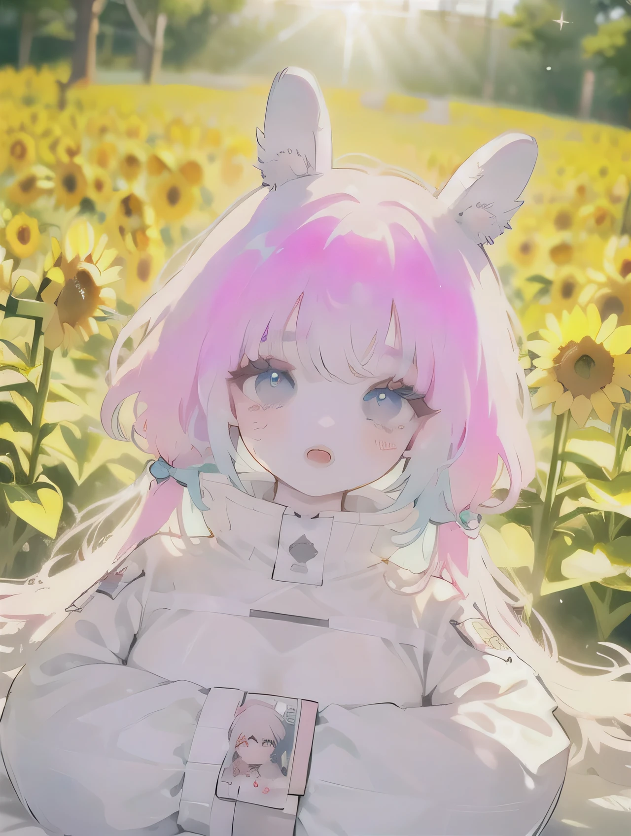 (High quality) (best quality) (A woman) (correct physiognomy) (perfect pupils) (perfect eyes) anime woman, deep pink hair, long and fluffy, two bunny ears coming out of her head, eyes of  color blue, sensitive lips, feminine appearance, soft facial features, thin eyebrows, soft skin, rosy cheeks, rosy lips, silky eyelashes, dreamy expression, middle age, youthful clothing, sweatshirt with print of sheep, photo illuminated by sunlight, woman in a field of sunflowers