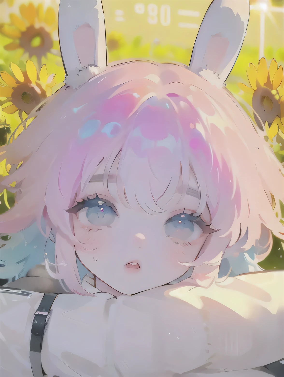 (High quality) (best quality) (A woman) (correct physiognomy) (perfect pupils) (perfect eyes) anime woman, deep pink hair, long and fluffy, two bunny ears coming out of her head, eyes of color blue, sensitive lips, feminine appearance, soft facial features, thin eyebrows, soft skin, rosy cheeks, rosy lips, silky eyelashes, dreamy expression, middle age, youthful clothing, sweatshirt with print of sheep, photo illuminated by sunlight, woman in a field of sunflowers
