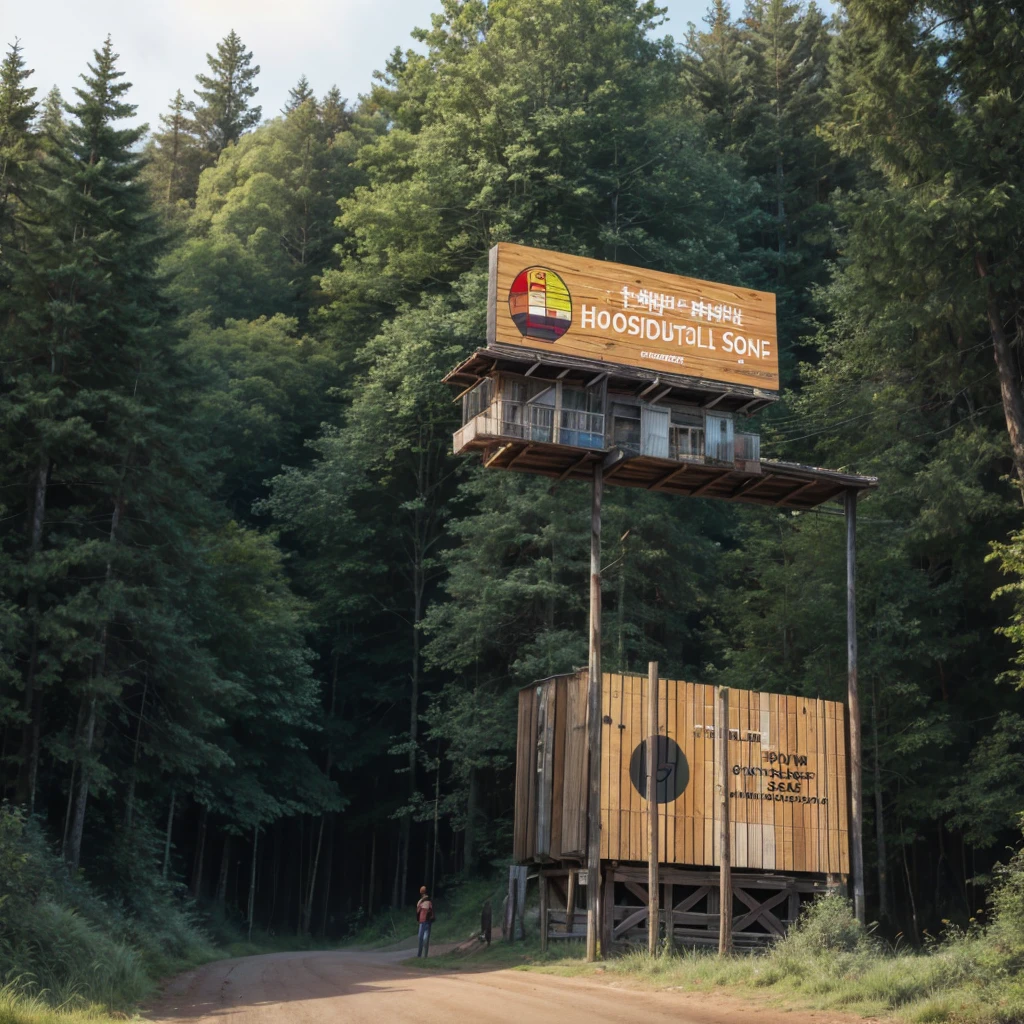 a wooden billboard in the middle of a forest with the following phrase written in PORTUGUESE : Telling stories