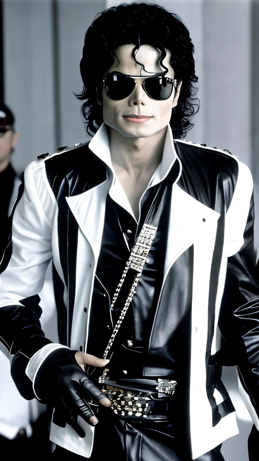 "Describe the image of Michael Jackson wearing a black and white ensemble, with leather details and studs. he is standing, looking directly at the camera with a determined expression. Your hair is combed back, highlighting the sunglasses he wears."