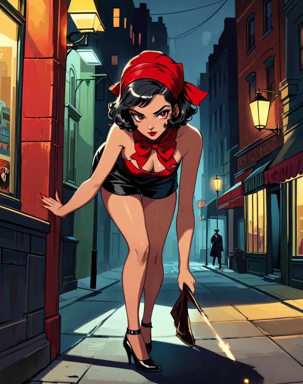 /imagine prompt: A young female vampire hunter, aged around 19, prowling the dimly lit streets of 1950s New York on a hunt, her pin-up style clothing and red headscarf adding a retro flair to the urban setting, her short black wavy hair and piercing gray eyes reflecting her vigilance, Illustration, creating a noir-inspired scene with dramatic lighting and shadows, --ar 16:9 --v 5