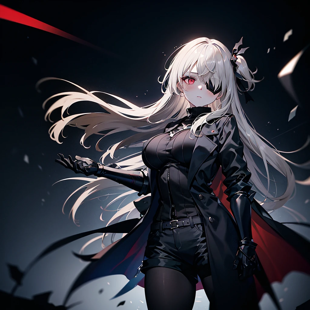 1girl, ashen_blond_hair, long_hair, bangs, eyepatch, red_eyes, two_side_up, hair_over_one_eye, blush, giant_breasts, Black_trench_coat, gauntlets, Black_pantyhose, grey_shorts, pale skin, 