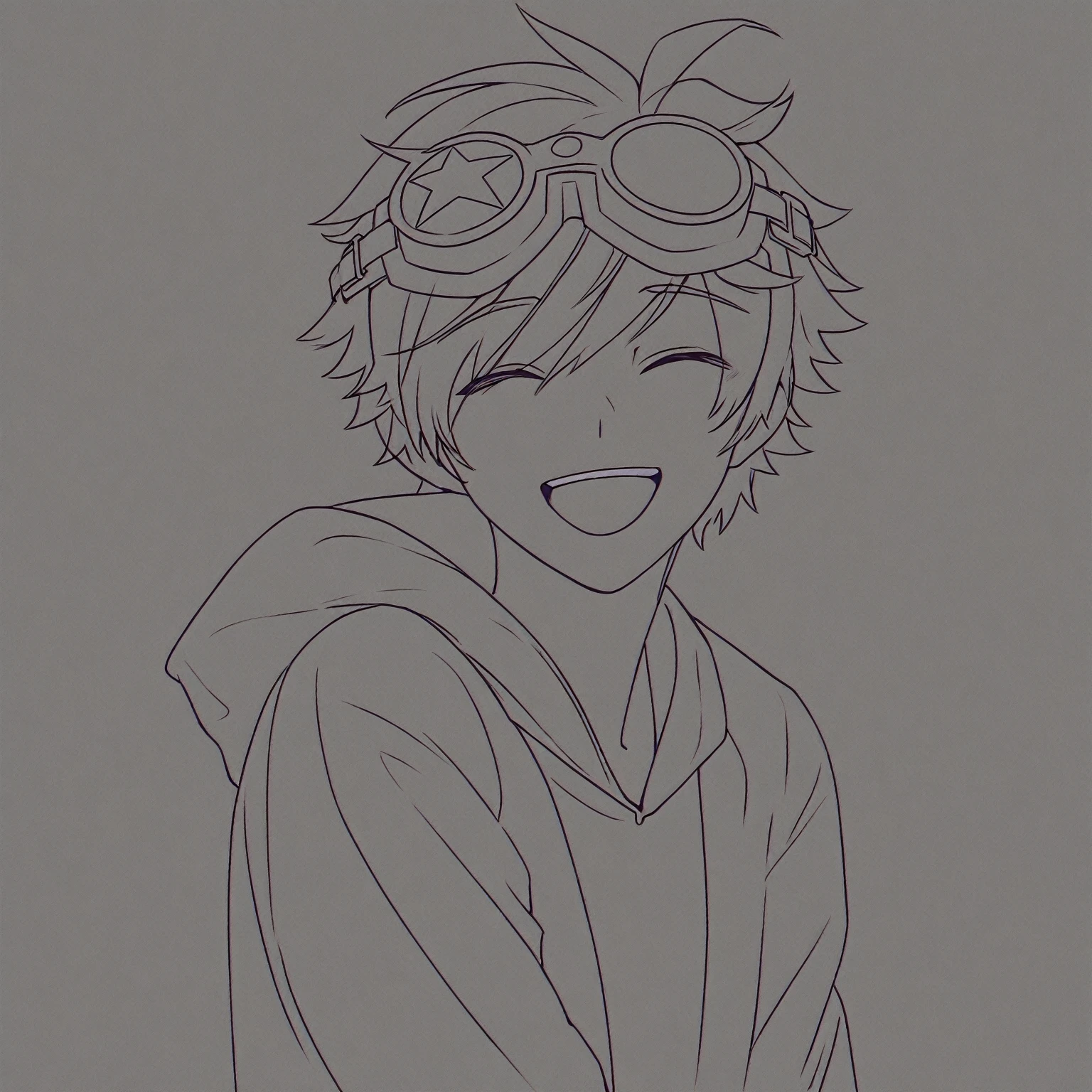 a drawing of a boy with goggles on his head, black jacket, colored, white hooddie, simple lineart, inspired by Okumura Togyu, bold lineart, young anime man, black hair, goggles on head, white background