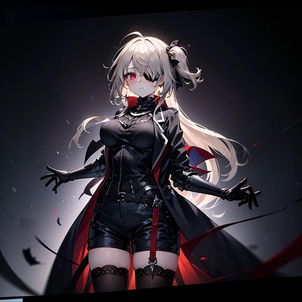 1girl, ashen_blond_hair, long_hair, bangs, eyepatch, red_eyes, two_side_up, hair_over_one_eye, blush, giant_breasts, Black_trench_coat, gauntlets, Black_stockings, grey_shorts, pale skin, 