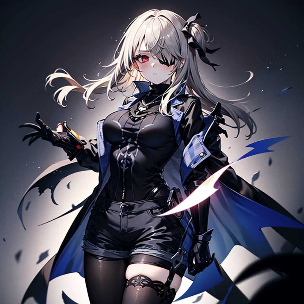 1girl, ashen_blond_hair, long_hair, bangs, eyepatch, red_eyes, two_side_up, hair_over_one_eye, blush, giant_breasts, Black_trench_coat, gauntlets, Black_stockings, grey_shorts, pale skin, 