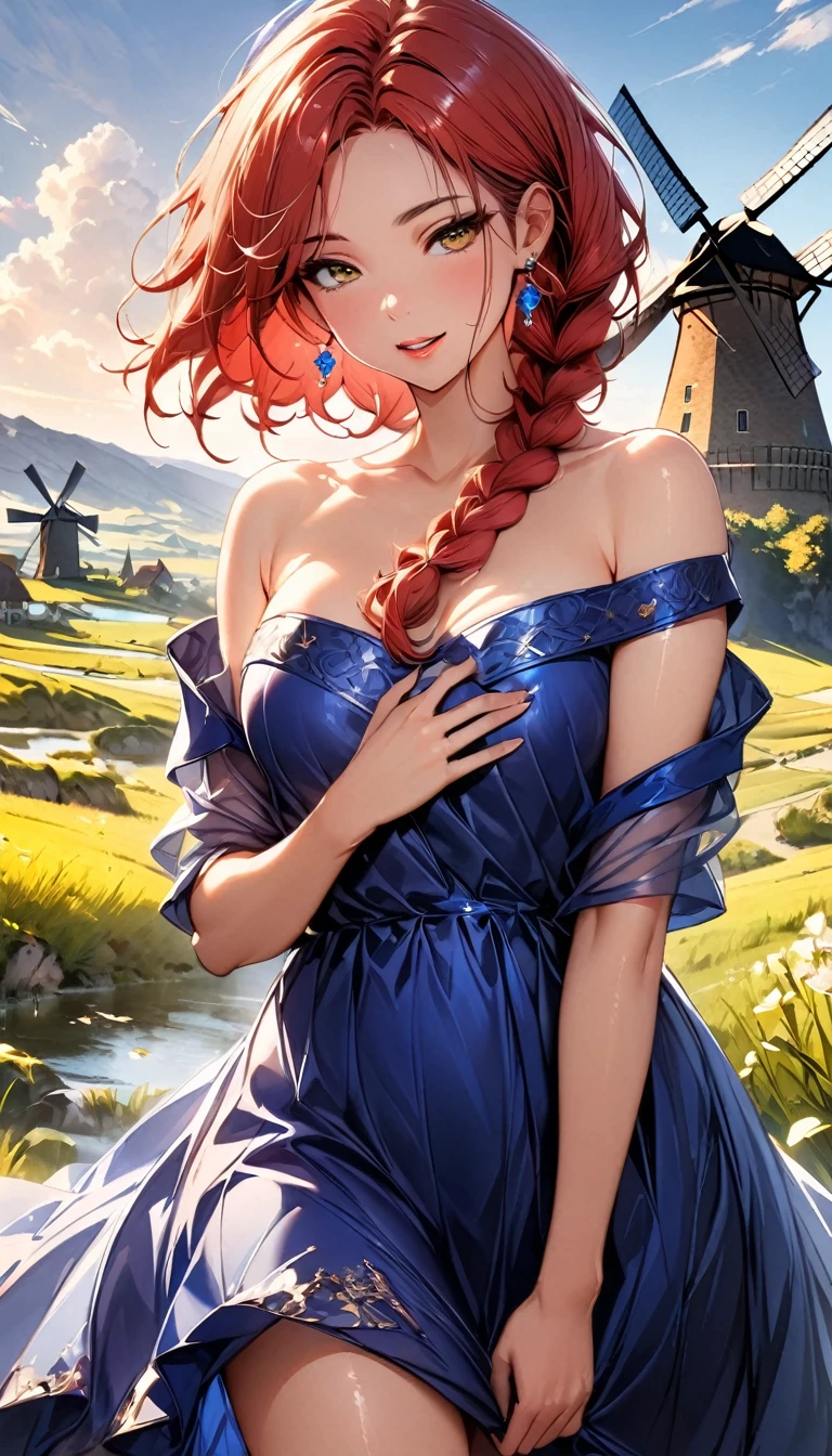 (highest quality:1.4), Very detailed, Vibrant, digital coloring, High Contrast, highest quality, Best aesthetics, (masterpiece:1.4), 1 girl, red Hair, (long single braid:1.5), messy hair, vivid yellow eyes , (Blue Dress, off shoulder, Strapless dress:1.4), Jeweled Earrings, (fantasy landscape:1.4), windmill, countryside, Bright lighting, Beautiful world, New World, Blown by the gentle wind, side glance, left hand on own chest, (hot gaze, Hot, beautiful lips, Glossy, Open Mouth, Leaking sigh), Accurate, Cowboy Shot, portrait, seductive smile, The beauty and danger of growing from a girl to an adult, A symbol of miraculous beauty