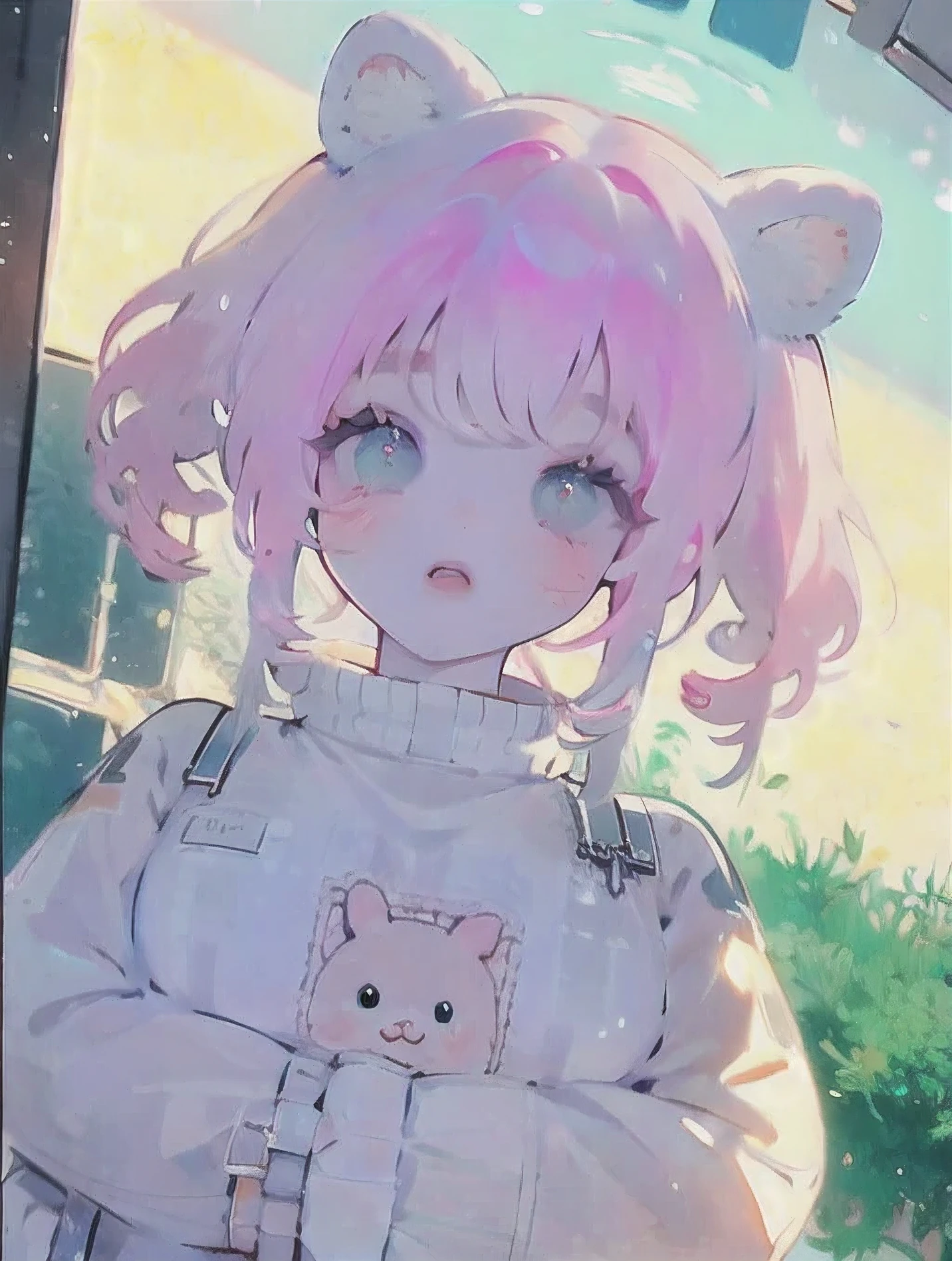 (High quality) (best quality) (A woman) (correct physiognomy) (perfect pupils) (perfect eyes) anime woman, deep pink hair, long and fluffy, two bunny ears coming out of her head, eyes of color blue, sensitive lips, feminine appearance, soft facial features, thin eyebrows, soft skin, rosy cheeks, rosy lips, silky eyelashes, dreamy expression, middle age, youthful clothing, sweatshirt with print of sheep, photo illuminated by sunlight, woman in a field of house