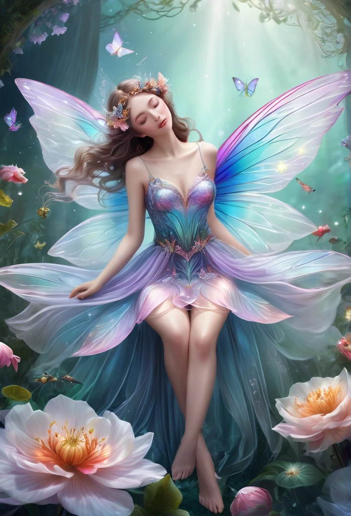 (high quality),(artwork),(high quality details),a fairy(full body) gracefully laying and sleeping on a beautiful magnificent flower,beautiful translucent wings, short flowy dress,on a big flower (fantasy illustration)mist background, enchanted forest, sparkling flowers, (refined details)