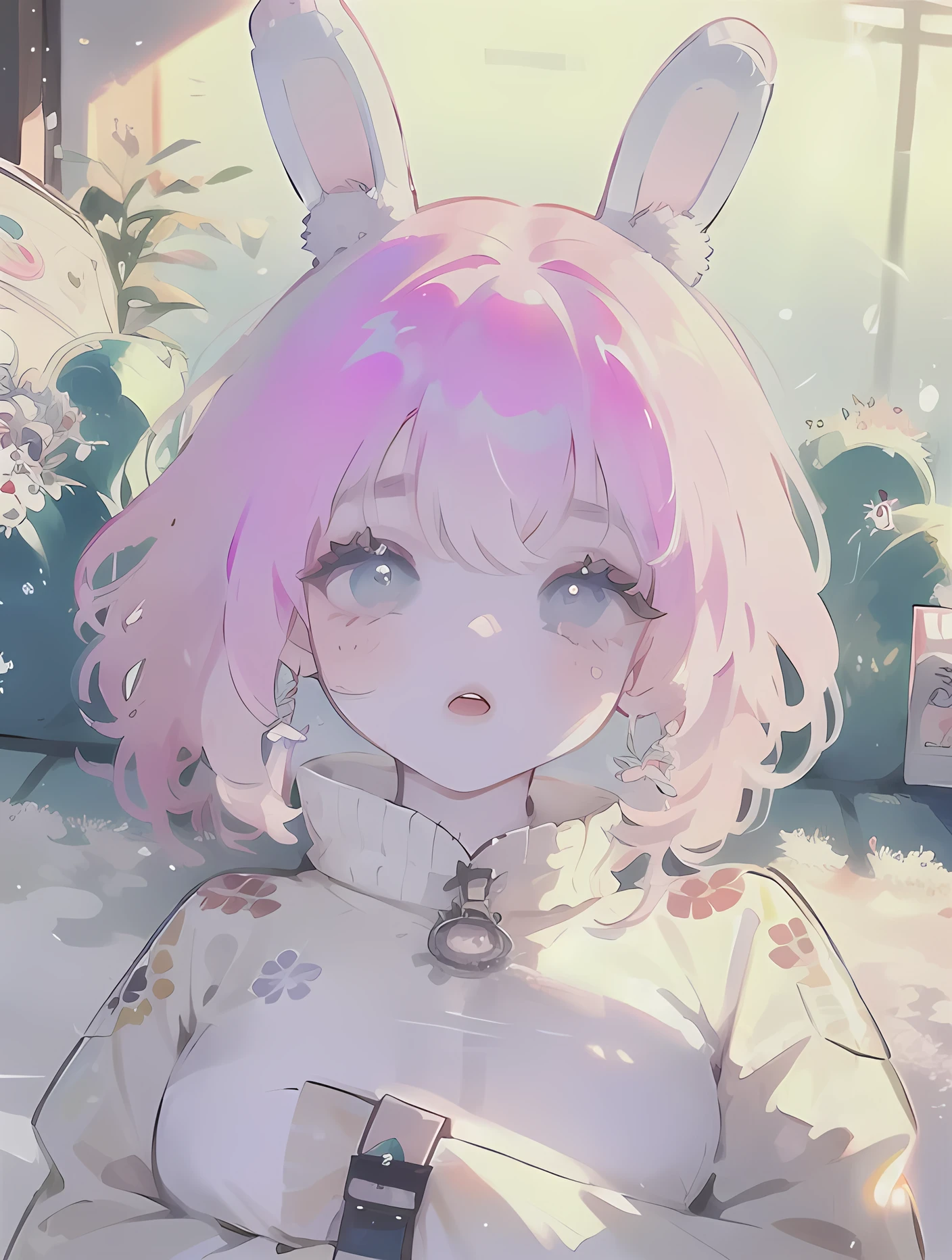(High quality) (best quality) (A woman) (correct physiognomy) (perfect pupils) (perfect eyes) anime woman, deep pink hair, long and fluffy, two bunny ears coming out of her head, eyes of color blue, sensitive lips, feminine appearance, soft facial features, thin eyebrows, soft skin, rosy cheeks, rosy lips, silky eyelashes, dreamy expression, middle age, youthful clothing, sweatshirt with print of sheep, photo illuminated by sunlight, woman in a field of house