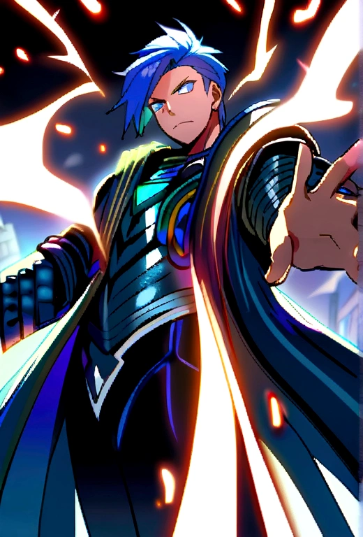 1 man with long blue hair Wear metal armor Use lightning magic power