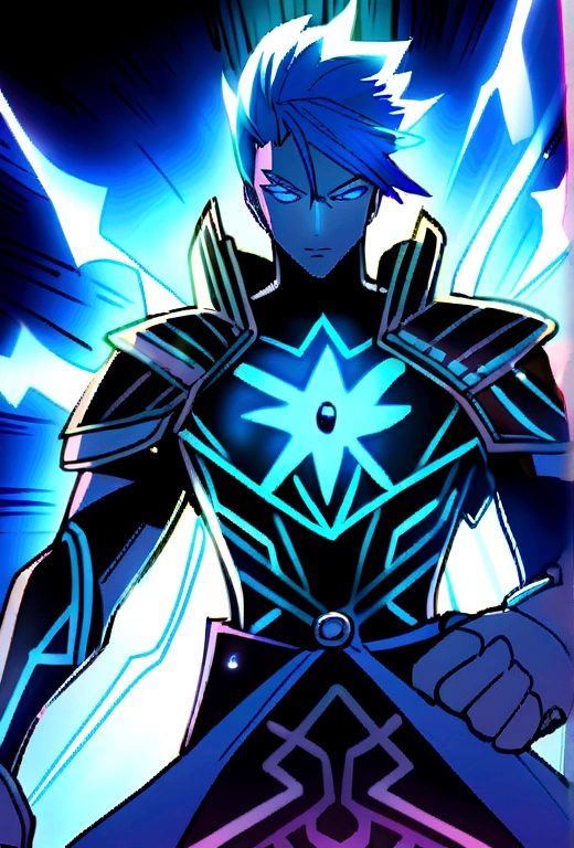 1 man with long blue hair Wear metal armor Use lightning magic power
