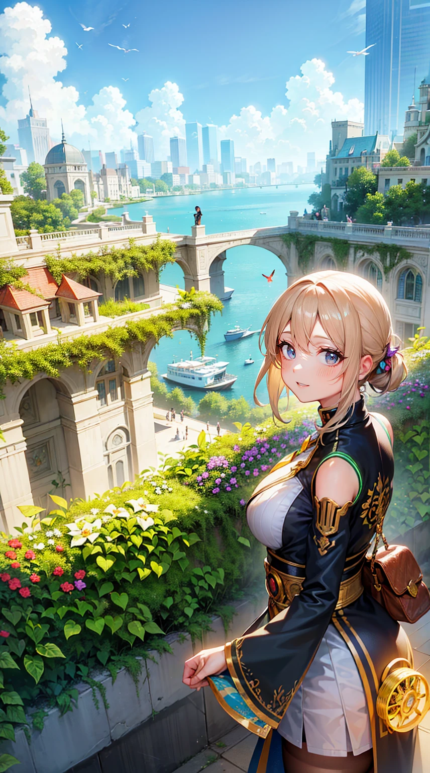 people strolling in vibrant attire,
butterflies and hummingbirds fluttering among the flora,
sunlight illuminating the cityscape with a golden hue,
an immense, clear blue sky stretching out above,
skyscrapers interconnected by green rooftops and hanging gardens,
sustainable energy sources, such as wind turbines and solar panels,
blending seamlessly into the architecture,
creating a harmonious balance between nature and technology,
a breathtakingly beautiful and eco-conscious metropolis, a masterpiece of urban planning and environmental consciousness.