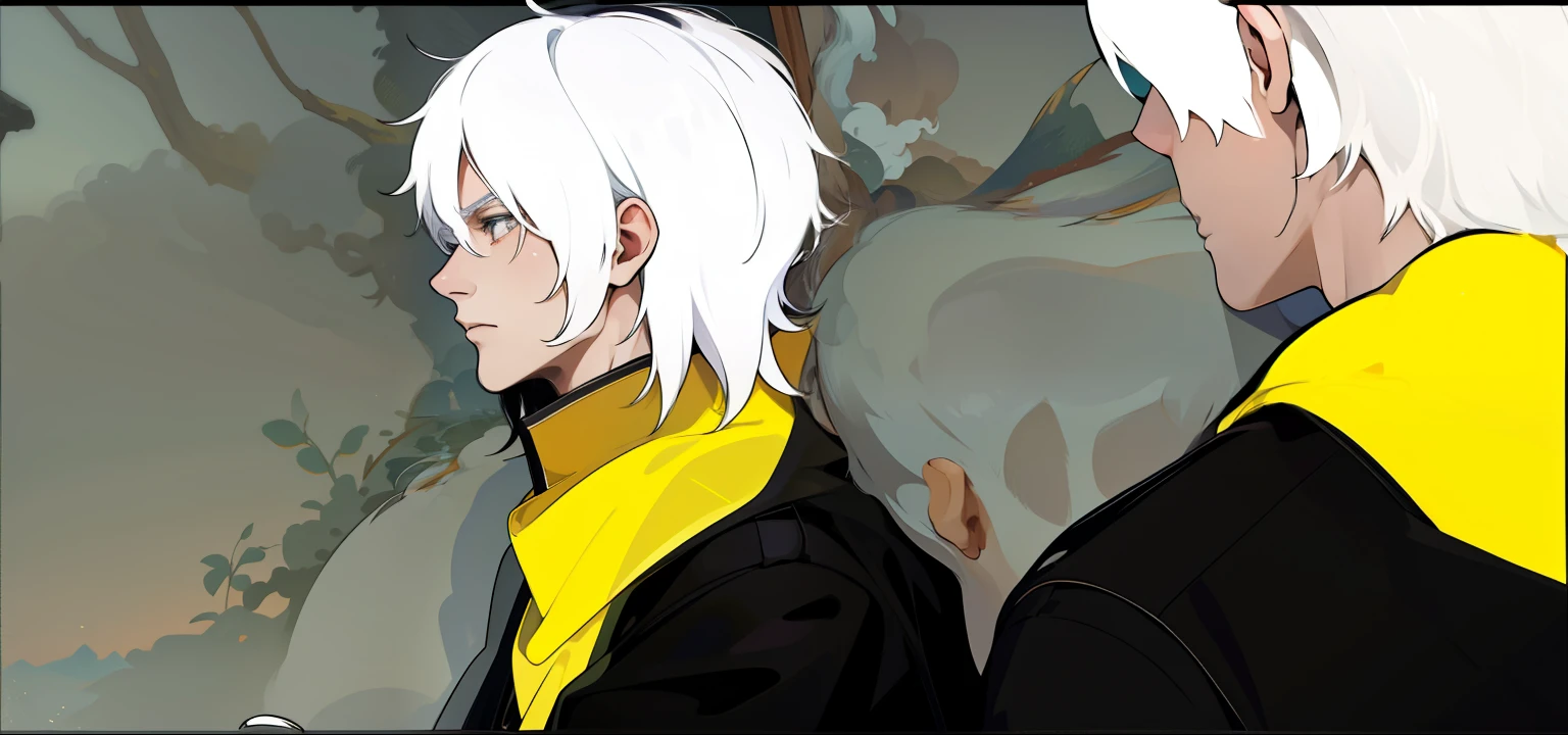 There is a 26-year-old white-haired man, speaking seriously, looking at the horizon. There is another white-haired man near and behind him.