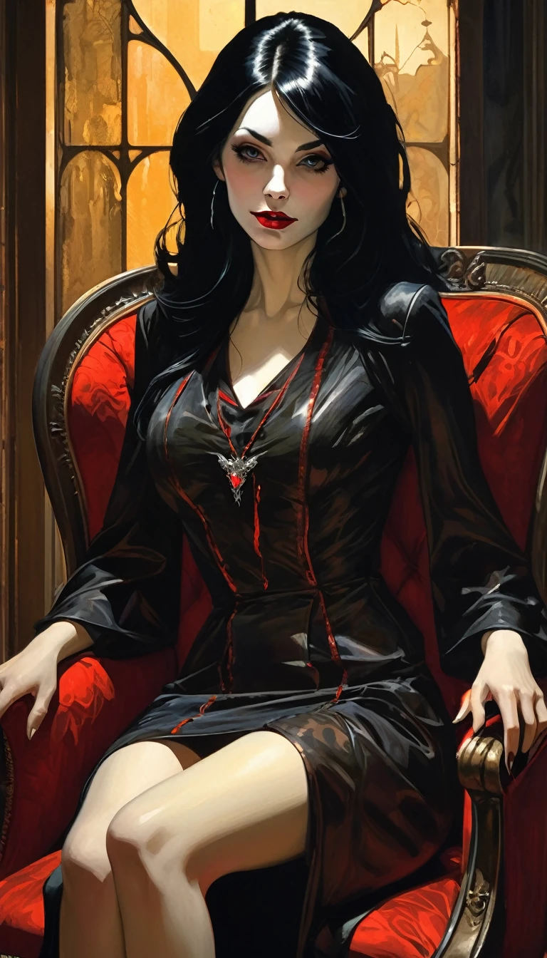 vampire girl, long black hair, middle age, full of blood, sexy middle age noble clothing, (((blood in the mouth))), slight smile, in a palace room, sitting in a luxurious armchair, large window with night view, dim light , sepia toned, (art inspired by Bill Sienkiewicz). oil painting)(best quality,4k,8k,highres,masterpiece:1.2),ultra-detailed,(realistic,photorealistic,photo-realistic:1.37),intricate details,vivid colors,sharp focus,professional,Dave McKean artwork, oil touch of surrealism,oil painting style