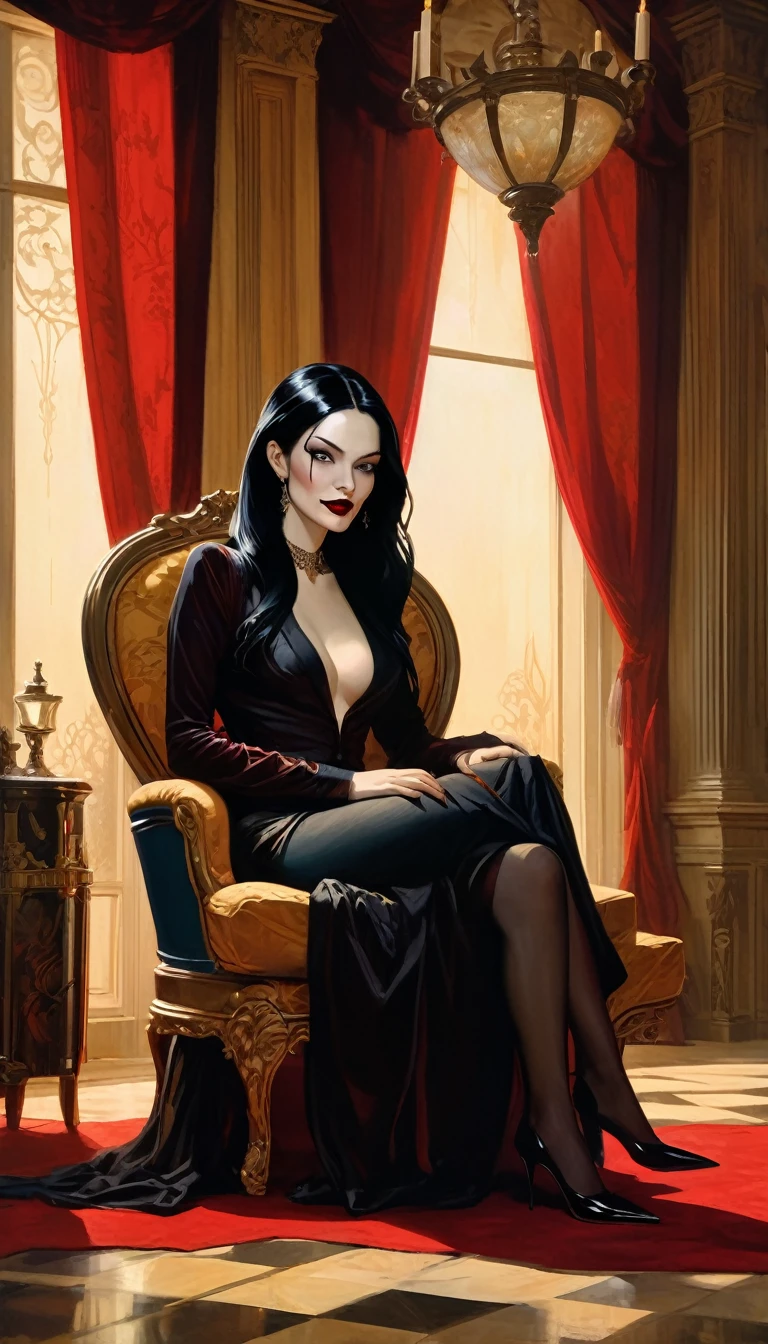 vampire girl, long black hair, middle age, full of blood, sexy middle age noble clothing, (((blood in the mouth))), slight smile, in a palace room, sitting in a luxurious armchair, large window with night view, dim light , sepia toned, (art inspired by Bill Sienkiewicz). oil painting)(best quality,4k,8k,highres,masterpiece:1.2),ultra-detailed,(realistic,photorealistic,photo-realistic:1.37),intricate details,vivid colors,sharp focus,professional,Dave McKean artwork, oil touch of surrealism,oil painting style