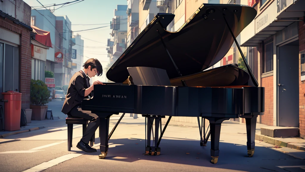 One playing the piano in a parking lot 