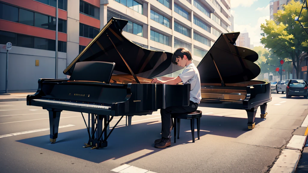 One playing the piano in a parking lot
