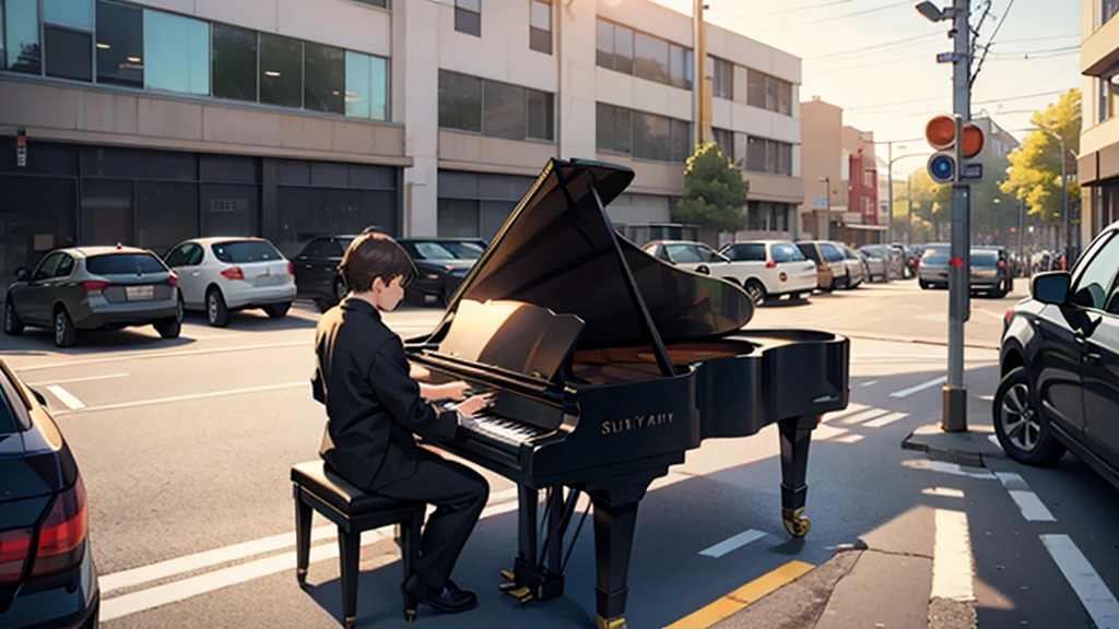 One playing the piano in a parking lot