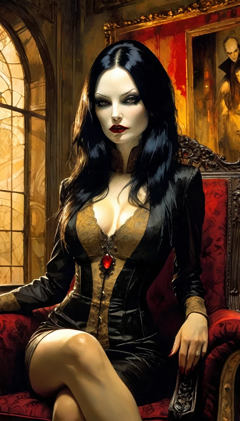 vampire girl, long black hair, middle age, full of blood, sexy middle age noble clothing, (((blood in the mouth))), slight smile, in a palace room, sitting in a luxurious armchair, large window with night view, dim light , sepia toned, (art inspired by Bill Sienkiewicz). oil painting)(best quality,4k,8k,highres,masterpiece:1.2),ultra-detailed,(realistic,photorealistic,photo-realistic:1.37),intricate details,vivid colors,sharp focus,professional,Dave McKean artwork, oil touch of surrealism,oil painting style
