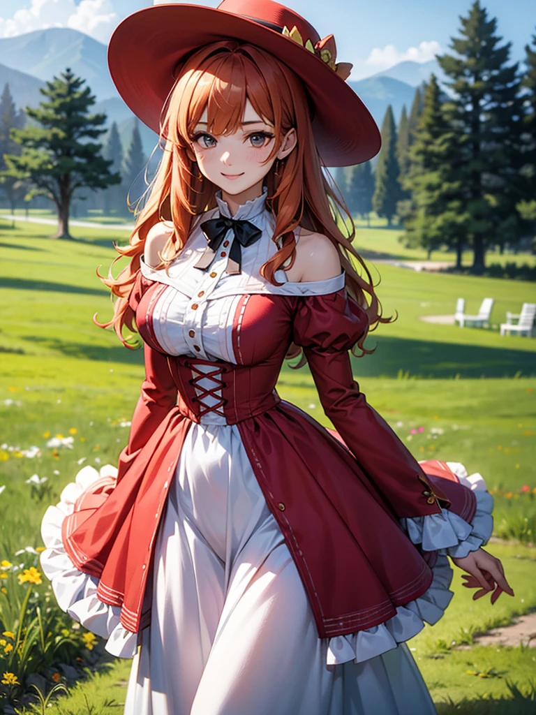 (solo), (red dress), (victorian dress), (smile), pale skin, (pale), outdoors, large breasts, happy, radiant glow, ((cowboy shot)), (holy aura), orange hair, ginger hair, bare shoulders, greenlands, open plains for background, red hat