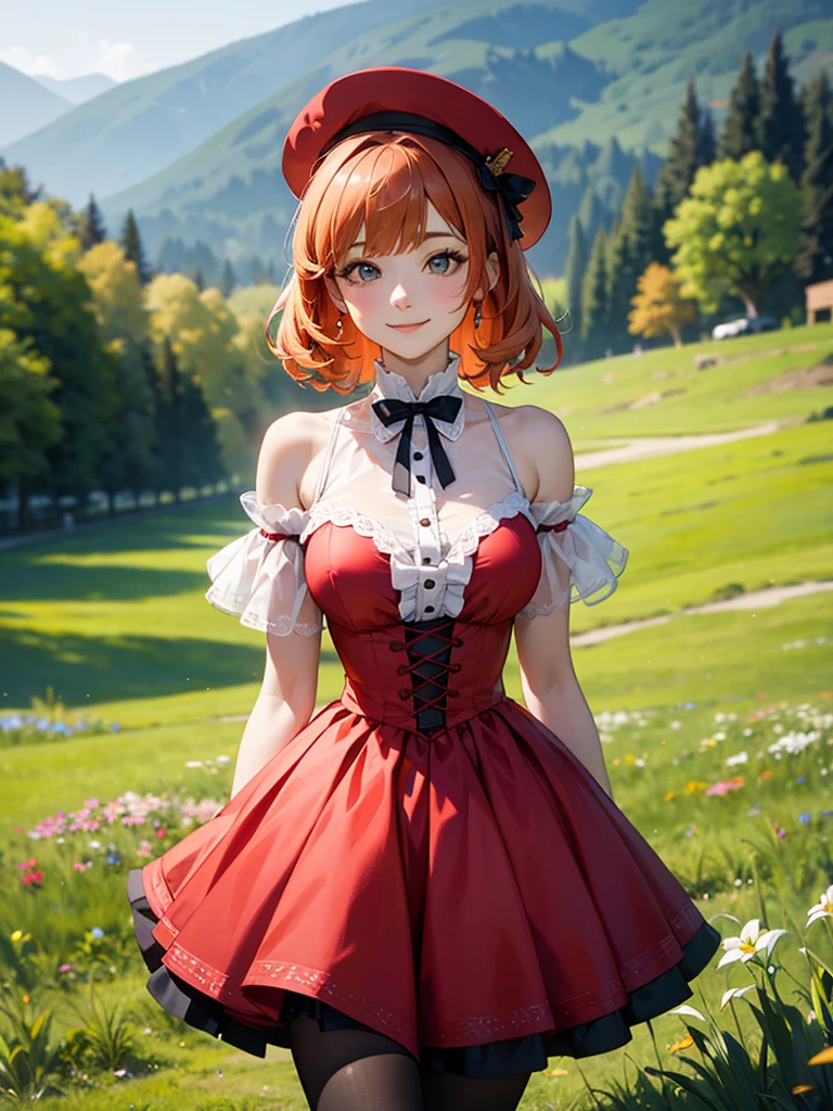 (solo), (red dress), (victorian dress), (smile), pale skin, (pale), outdoors, large breasts, happy, radiant glow, ((cowboy shot)), (holy aura), orange hair, ginger hair, bare shoulders, greenlands, open plains for background, red hat