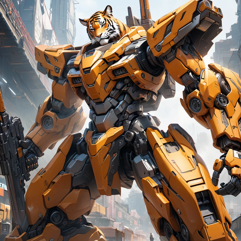 ((Masterpiece)), ((Best Quality)), (Very Detailed), ((Very Detailed)), 4K, (8K), very aesthetic, absurdres highres, mecha tiger character, hyper-realistic mechanical details, semi-realism, futuristic high-caliber weapon
