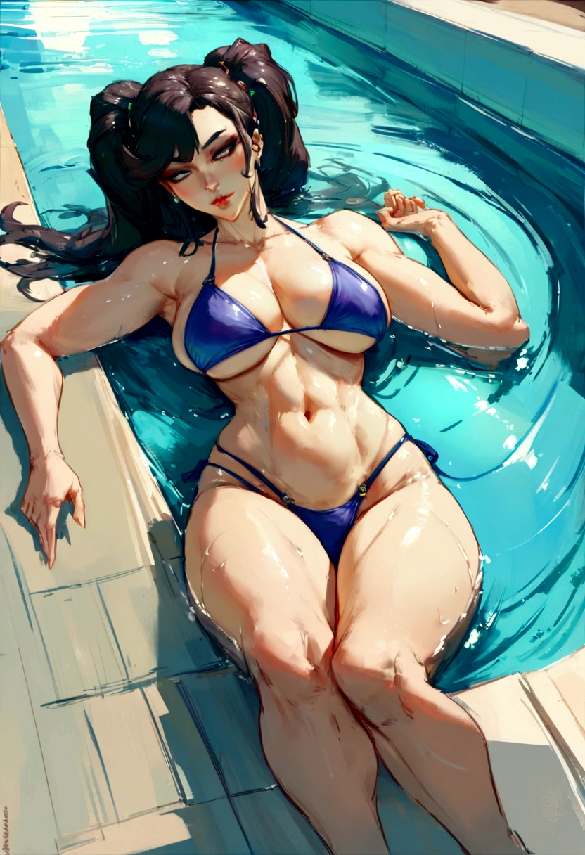 anime girl in bikini lying on the ground in the water, Swimsuit, Thick, high resolution commission, lindosexyrobutts, Fan Art by Marin Kitagawa, Realistic Bikini, wet Swimsuit, is wearing a Swimsuit, next to a pool, oppai, High quality fanart, Shikamimi, , in a pool