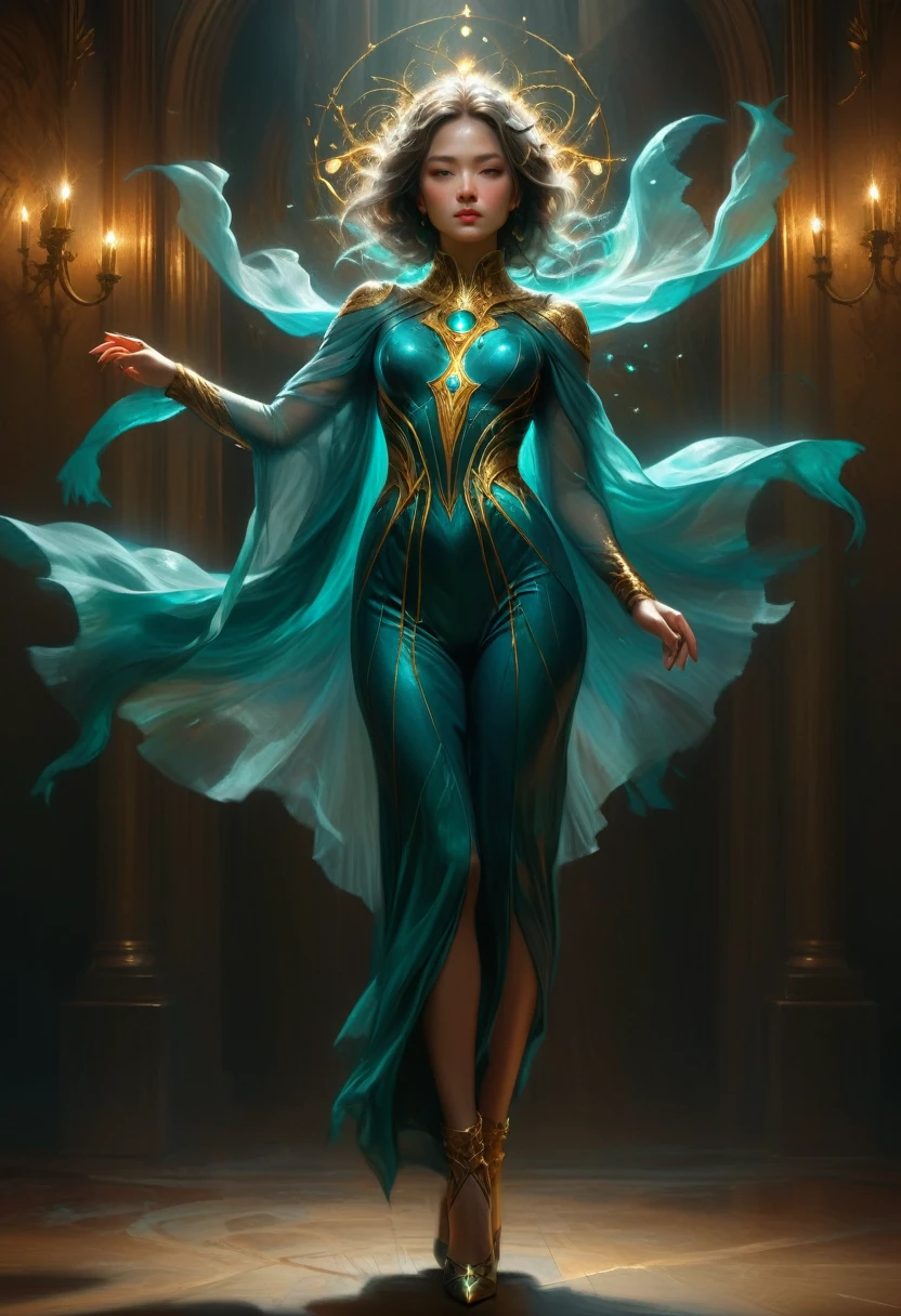 (Best quality)), ((masterpiece)), (highly detailed:1.3), ((( full body))), 3D, beautiful, realistic, photo-realistic, seductive, cute, Perfect centralization, Fantastic teal and gold aesthetic, alegria, Standing position, abstract beauty , Central, looking at the camera, Facing the camera, Approaching perfection, Dynamic, highly detailed, sharp focus, 8k, high resolution, illustration, arte de Carne Griffiths e Wadim Kashin, whimsical lighting, (enchantress ambiance), imaginative artwork, ethereal glow, silent Luminescence, whispering Silent, vibrant ghostly background