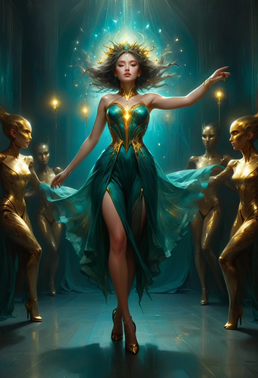 (Best quality)), ((masterpiece)), (highly detailed:1.3), ((( full body))), 3D, beautiful, realistic, photo-realistic, seductive, cute, Perfect centralization, Fantastic teal and gold aesthetic, alegria, Standing position, abstract beauty , Central, looking at the camera, Facing the camera, Approaching perfection, Dynamic, highly detailed, sharp focus, 8k, high resolution, illustration, arte de Carne Griffiths e Wadim Kashin, whimsical lighting, (enchantress ambiance), imaginative artwork, ethereal glow, silent Luminescence, whispering Silent, vibrant ghostly background