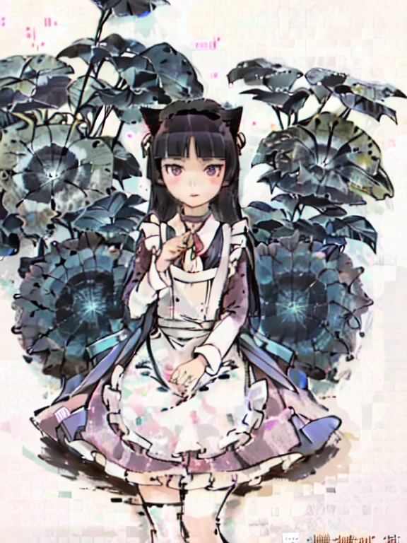 (ruri gokou), (Ultra-high resolution), (masterpiece), (Attention to detail), (high quality), (最high quality) , 1 Girl, alone, Hime cut, Maid clothes, Cat ear, Black Tail, (apronスカート), Midi Skirt, (stockings), apron, Frills, ribbon, Cosplay, collar, cuffs,