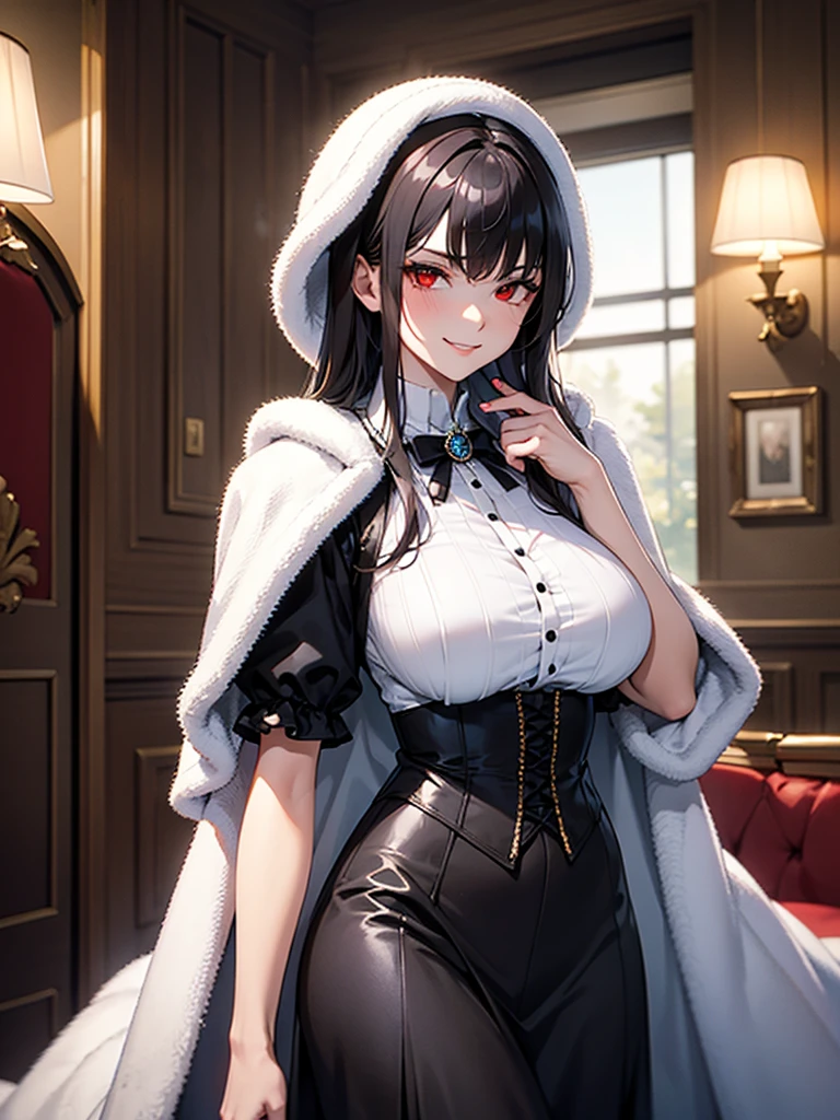 black hair, (solo), (victorian dress), (smirk), red eyes, pale skin, (pale), ((dark aura)), ((fiendish aura)), (bloody swirl in foreground), indoors, large breasts, white fur coat, (white fur coat)