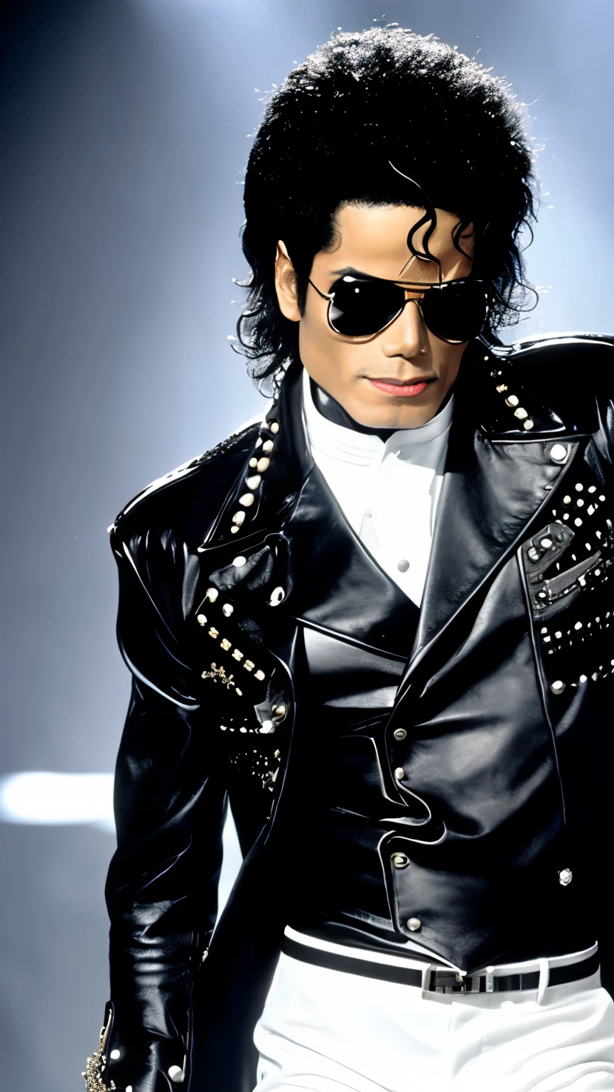 "Describe the image of Michael Jackson wearing a black and white ensemble, with leather details and studs. he is standing, looking directly at the camera with a determined expression. Your hair is combed back, highlighting the sunglasses he wears."