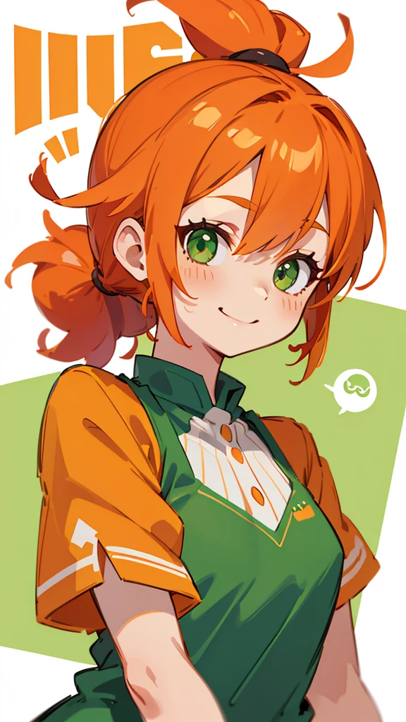 Orange clothes、Orange Hair、ponytail、Beautiful green eyes、Wicked Smile、Shrimp mascot、Upper body close-up