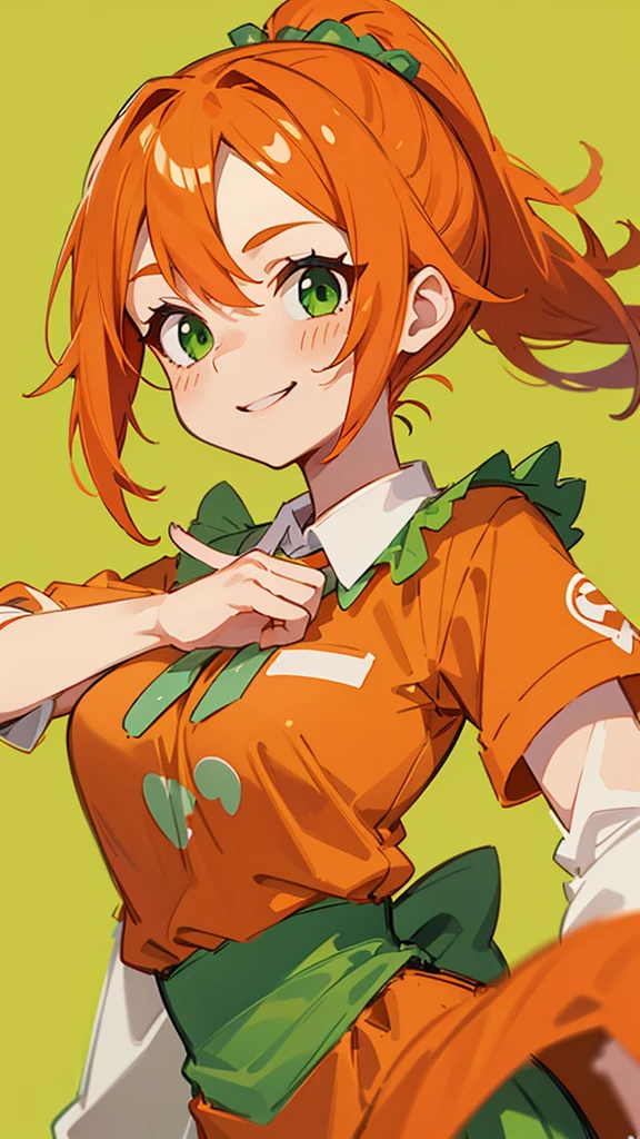 Orange clothes、Orange Hair、ponytail、Beautiful green eyes、Wicked Smile、Shrimp mascot、Upper body close-up