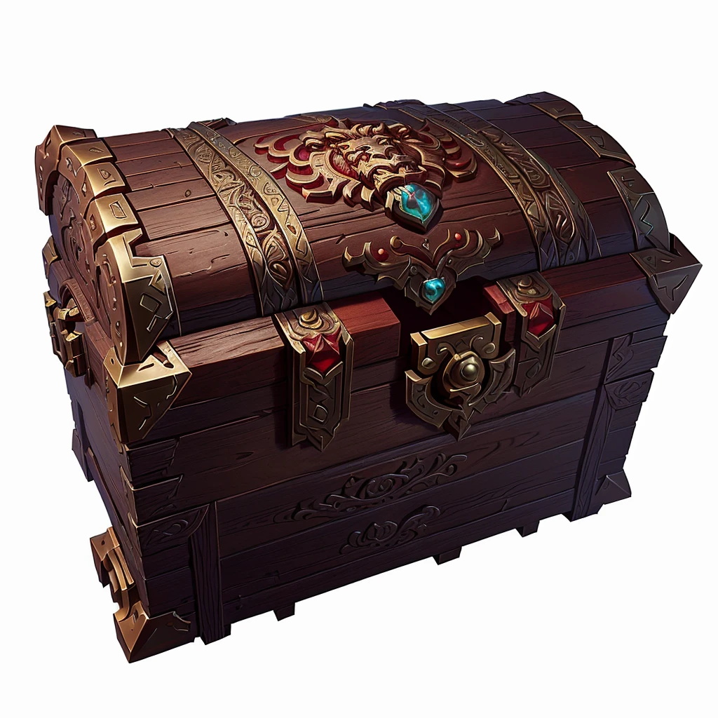 Redraw this red treasure chest or loot box with ornate lion details in a highly detailed stylised fantasy art like Blizzard, world of warcraft, hearthstone, keep the same look of the object, just update the art style.