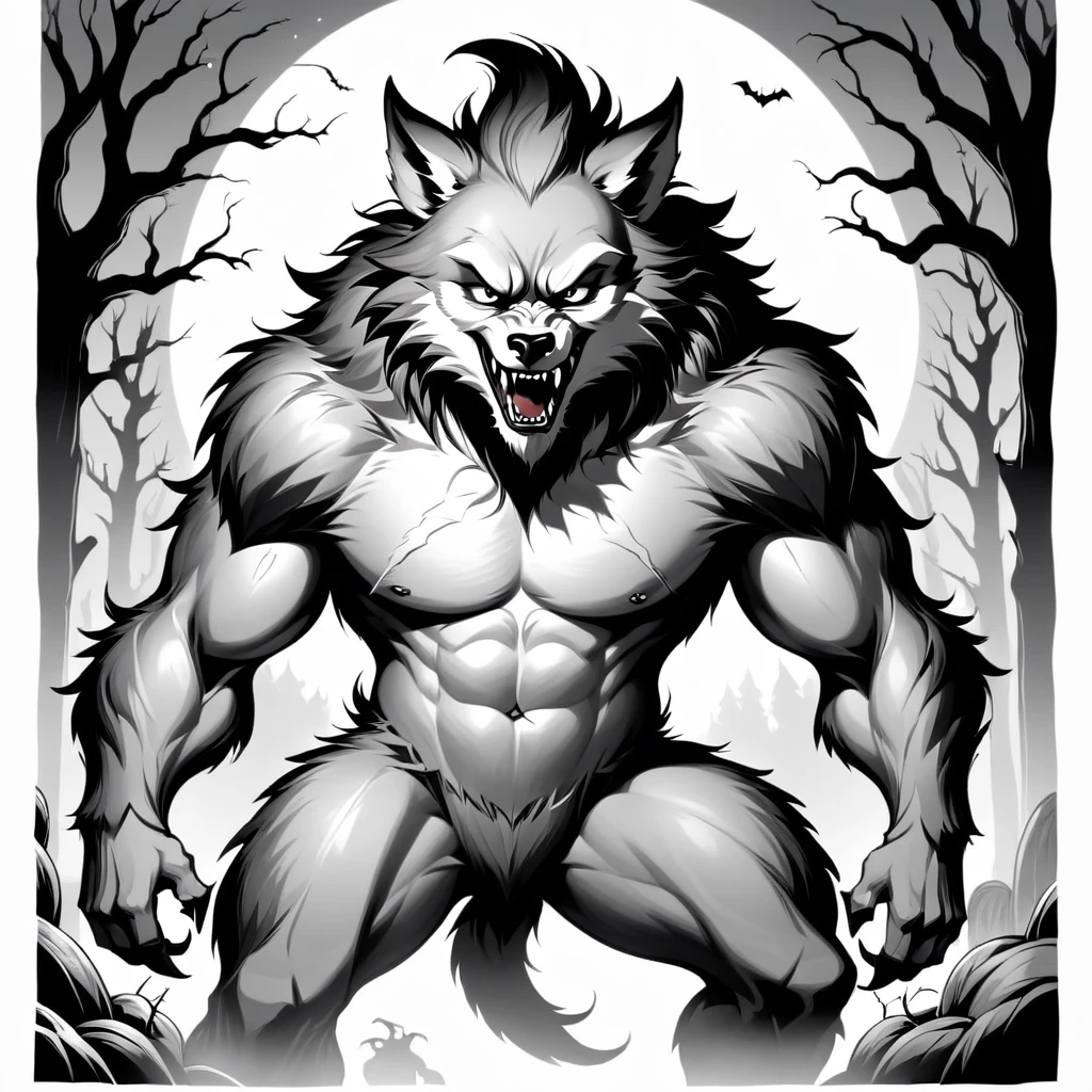 desenho de linha de halloween, werewolf, em fundo branco, monocromático, preto e branco, no shadows, white background, whithout background, fundo branco, lineart, estilo vector