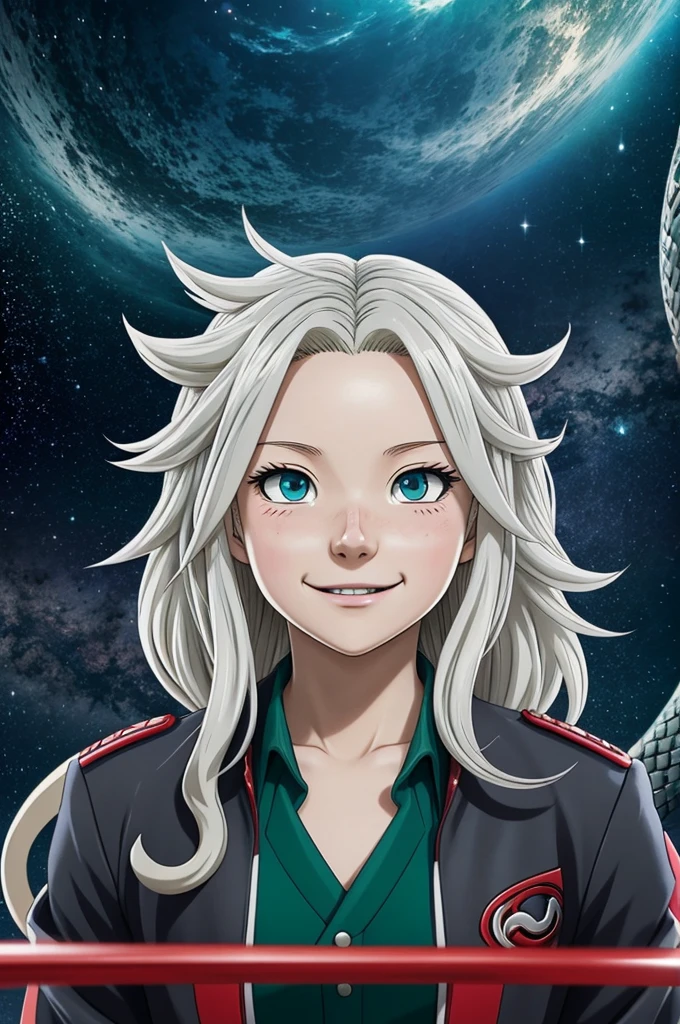 anime style screen of the universe "Boku no hero academia" (bnha). The scene shows an albino girl with short, wavy hair in the form of waves falling downwards.. He has big green eyes that stand out in his pale face.. He wears the typical UA , with a gray jacket and a red tie. The girl has snake fangs that show when she smiles and small medium-sized wings on her back. Besides, a snake's tail is seen moving behind her. The background is a typical anime school hallway, with lockers and doors on the sides.