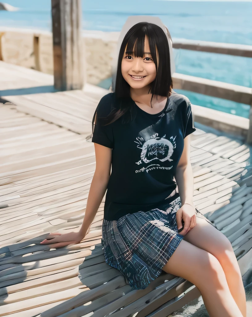 Highest quality,Super detailed,One high school girl,Midsummer beach,Illuminated by strong sunlight, Wearing a chibi T-shirt,Wearing a swimsuit,Sitting with knees together,Legs closed,Turn slightly to the side and look at me,sitting under a big beach umbrella,Casual style,Posing for a photo,I can see the ocean in the distance,Distant scenery is blurry
