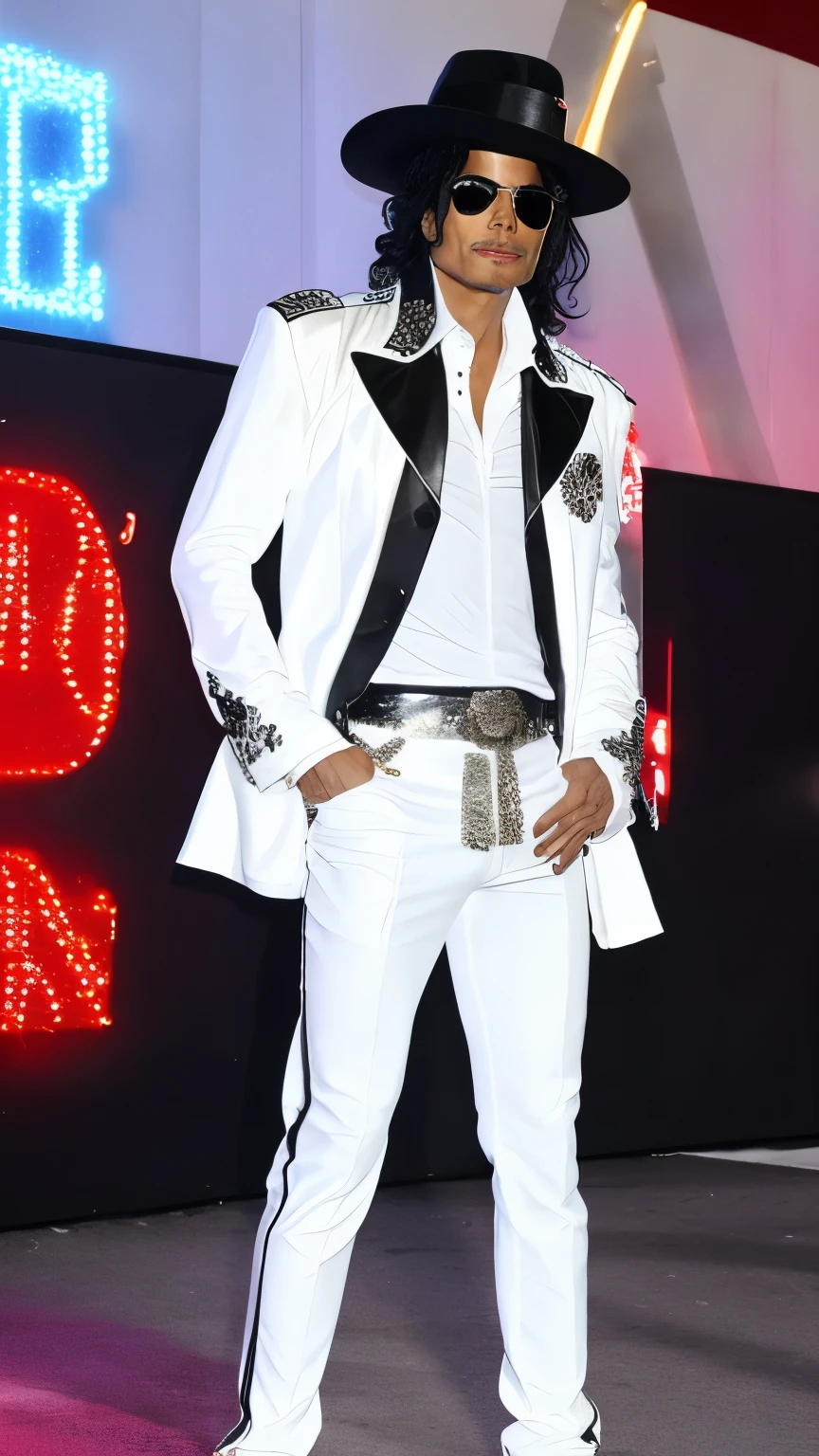 Imagine Michael Jackson wearing a set of white clothes, including a ruffled satin shirt and tight pants. He is in an urban environment, with neon lights in the background, and his black hat complements his flamboyant style as he strikes an iconic pose with one hand in his pocket."