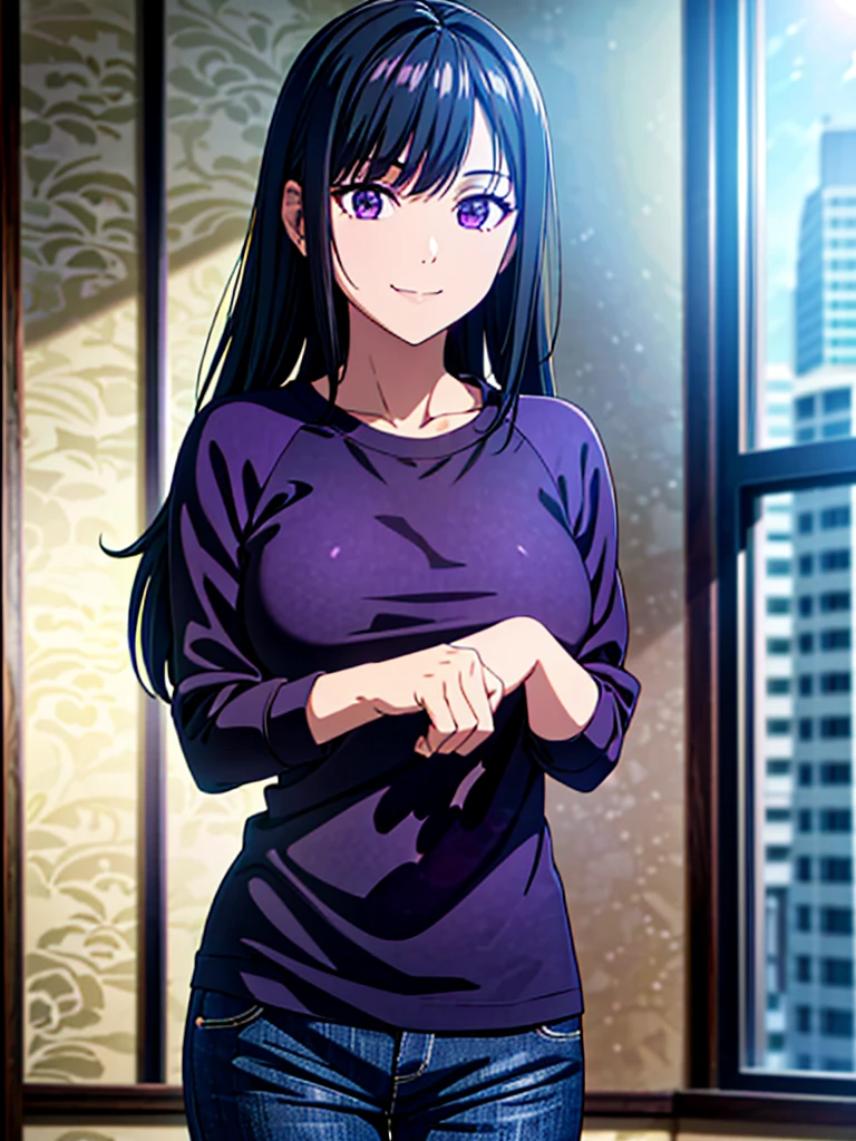 1girl, solo, black hair, black skin, purple raglan shirt, yellow pants, purple eyes, fang smiling, teen, room, indoors, (best quality, 4k, 8k, highres, masterpiece:1.2), ultra-detailed, (realistic, photorealistic, photo-realistic:1.37), HDR, UHD, studio lighting, ultra-fine painting, sharp focus, physically-based rendering, extreme detail description, professional, vivid colors, bokeh, portrait