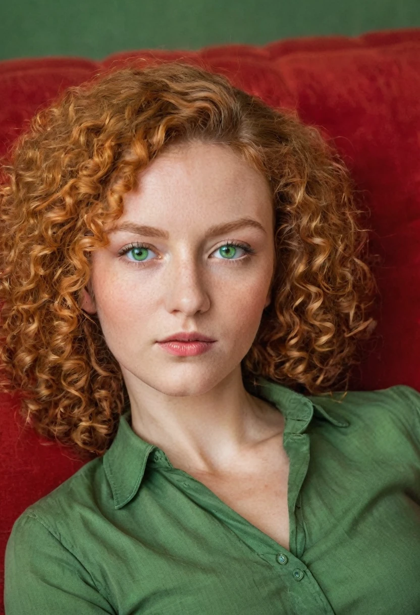 Woman lying on a red sofa, Woman by name: "To me", Red poetry, Red fox curls, Tight curls, Bright green eyes, 1,65 metres, 24 years, 
