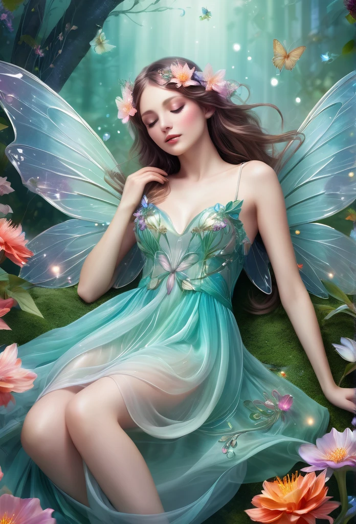 (high quality),(artwork),(high quality details),a fairy(full body) she is gracefully  lying down sleeping on a beautiful magnificent flower,beautiful translucent wings, short flowy dress,on a big flower (fantasy illustration)mist background, enchanted forest, sparkling flowers, (refined details)