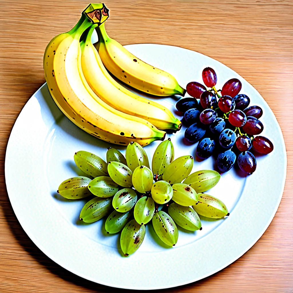 On a plate have bananas and grapes 