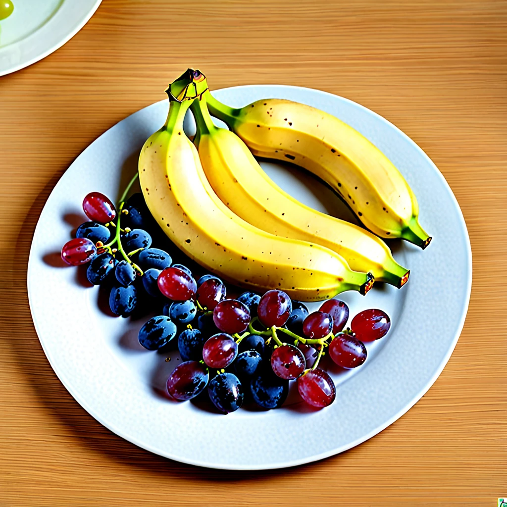 On a plate have bananas and grapes