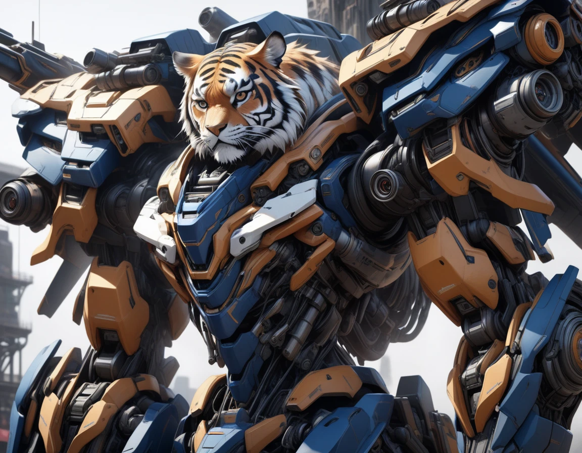 Ultra-realism, ((Masterpiece)), ((Best Quality)), (Very Detailed), ((Very Detailed)), 4K, (8K), very aesthetic, absurdres highres, mecha tiger character, hyper-realistic mechanical details, semi-realism, futuristic high-caliber weapon