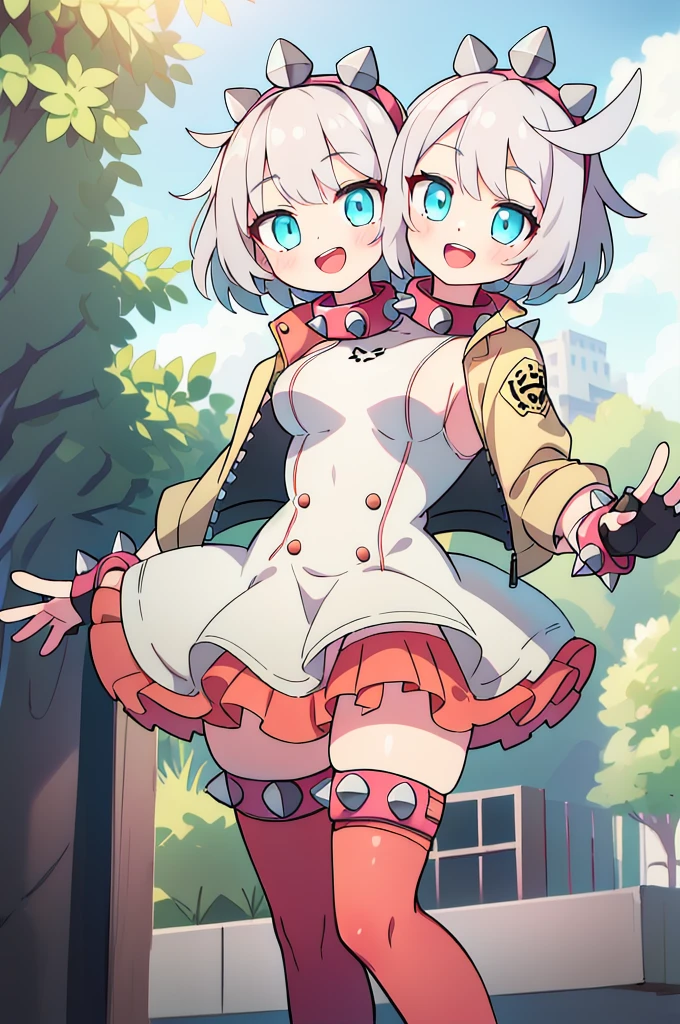 (masterpiece, best quality:1.2), solo, 1girl, striveelphelt, :d, teeth, looking at viewer, waving, white hair, ahoge, hairband, jacket, dress, fingerless gloves, thighhighs, spiked collar, spiked bracelet, outdoors, (2heads:1.5)