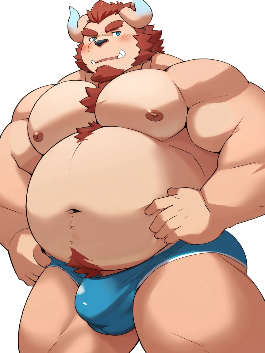 chernobog, big belly, chubby, masculine focus, underwear, bulge, nipples, full body, sensual pose white background