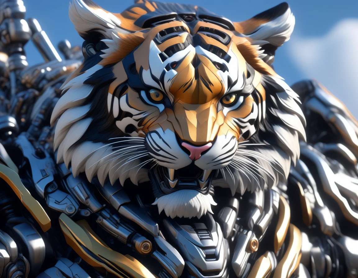 Ultra-realism, ((Masterpiece)), ((Best Quality)), (Very Detailed), ((Very Detailed)), 4K, (8K), very aesthetic, absurdres highres, mecha tiger character, hyper-realistic mechanical details, semi-realism, futuristic high-caliber weapon