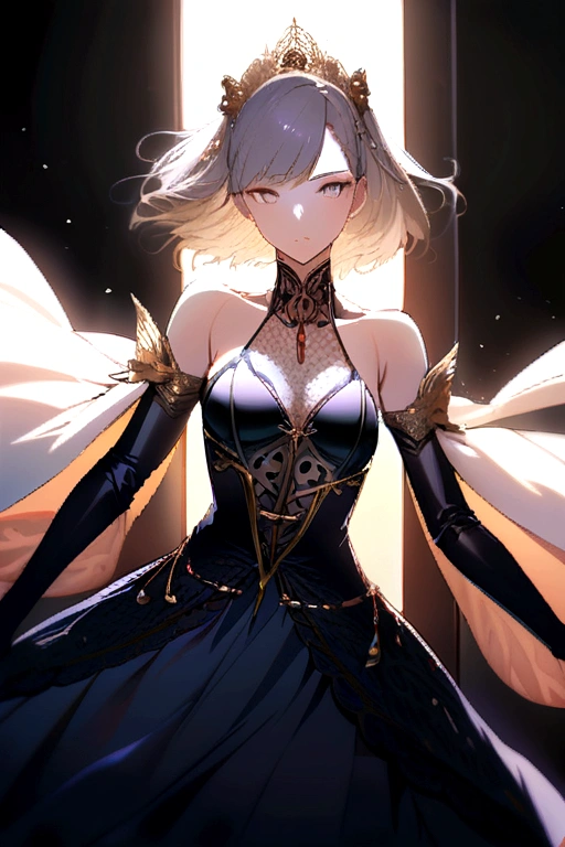 (((masterpiece))), (((best quality))), ((8k)), ((ultradated)), (1 dark-skinned human female: 1.2), (white hair 1.3), (( (Heterochromia, in the eyes, red and yellow: 1.2))),(((Official art, masterpiece, ultra-detailed))), (((best quality: 1.2, intricate details, ultra-detailed) high: 1.2))), (sexy body 1.1), ((Tattoo on body 1.2, magic runes)), dress, at the ball, dress with cleavage, ballroom, elegant photo, noble atmosphere, cinematic shot , natural light, light particles,